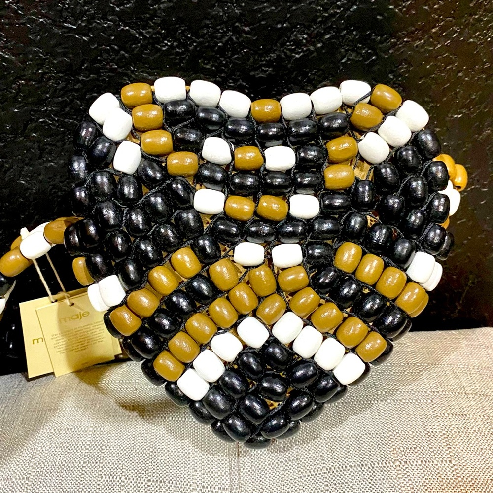 Maje Wooden Bead Black Tan & White Heart Bag NWT - Picture 3 of 16